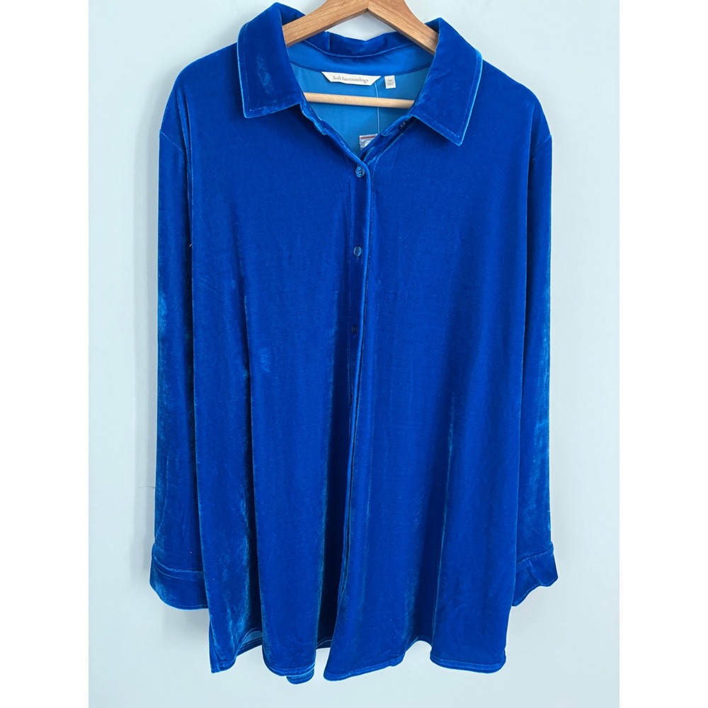 Soft Surroundings Royal Blue Velvet Button Down Shirt Womens 2X NEW